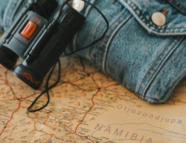 Map of Namibia and set of binoculars
