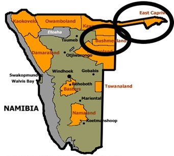Map of Namibia showing Bushmanland and the Caprivi Strip