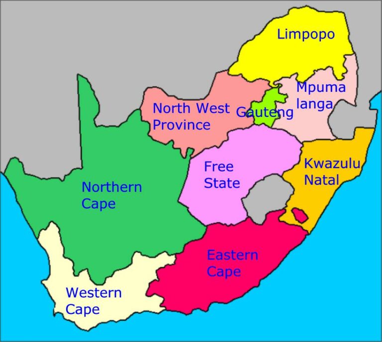Map of South Africa showing the provinces